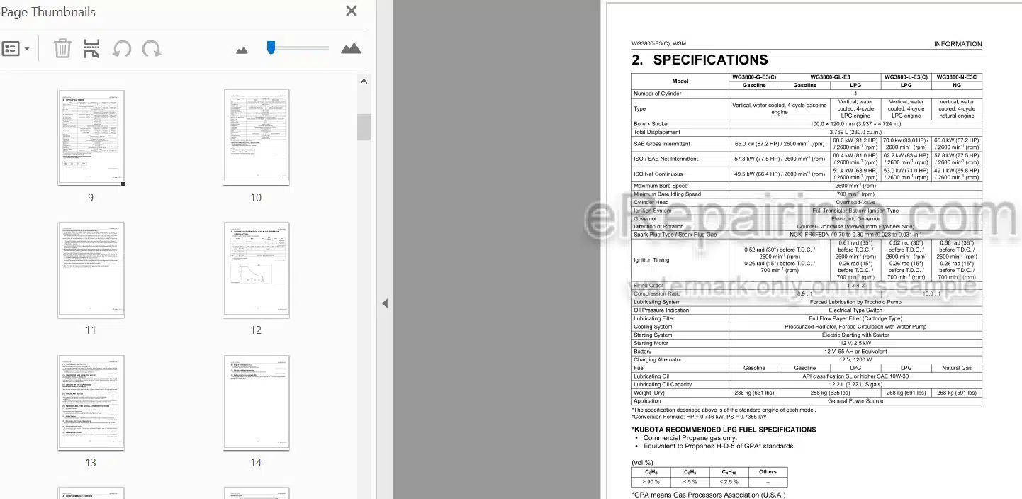 Photo 3 - Kubota WG3800-E3 WG3800-E3C Workshop Manual Gasoline LPG Natural Gas Engine 9Y111-13095