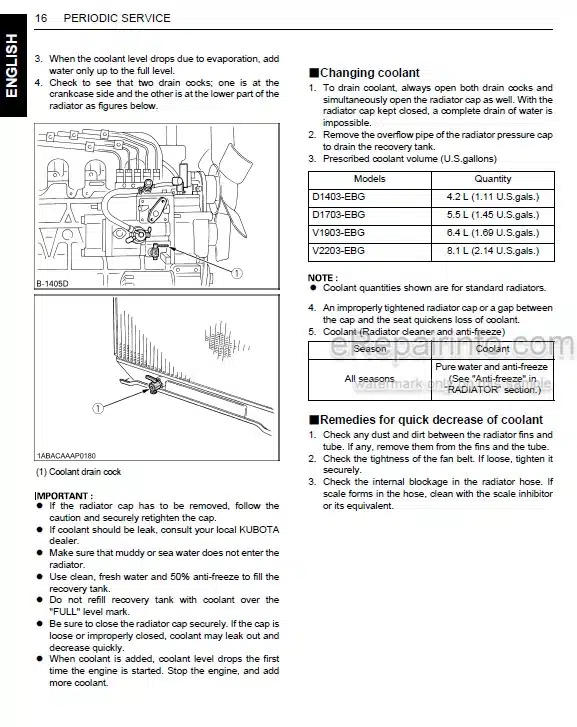 Photo 1 - Kubota D1403-EBG D1703-EBG V1903-EBG V2203-EBG Operators Manual Diesel Engine 17298-8917-1