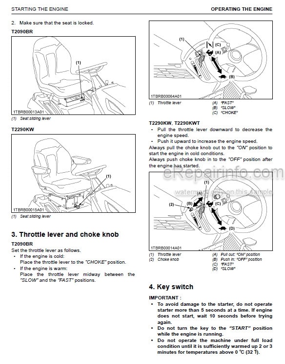 Photo 1 - Kubota T2090BR-AU T2290KW-AU T2290KWT-AU Operators Manual Lawn Tractor K1029-7121-4