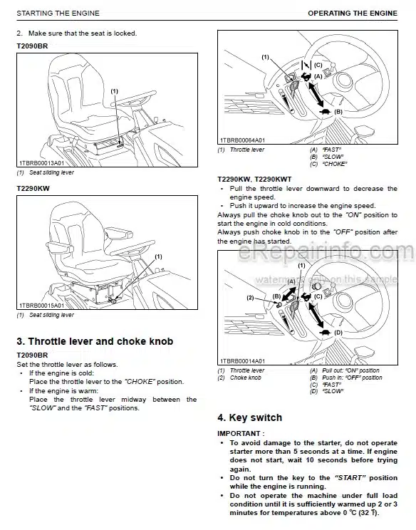 Photo 1 - Kubota T2090BR-AU T2290KW-AU T2290KWT-AU Operators Manual Lawn Tractor K1029-7121-4