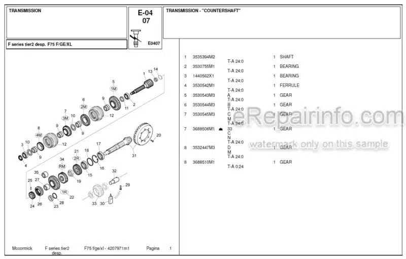 Photo 1 - McCormick F75F Parts Catalog Tractor